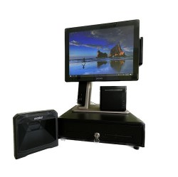 POS комплект Преміум Системний блок SAM4S + сенсорний монітор касира FORZA + стаціонарний сканер штрих-коду + грошова скриня